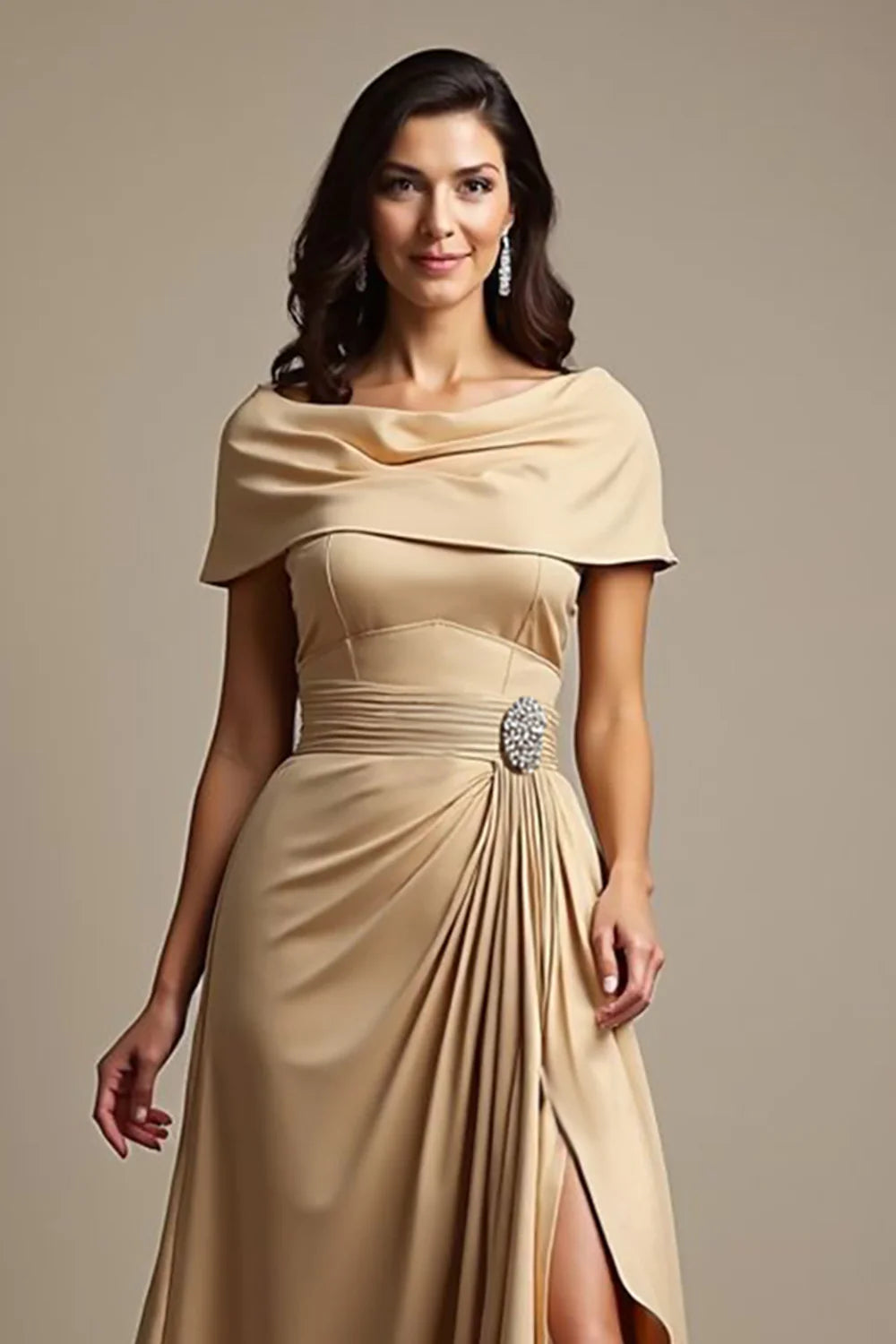 Champagne A Line Satin Ruffled Long Mother of the Bride Dress with Slit